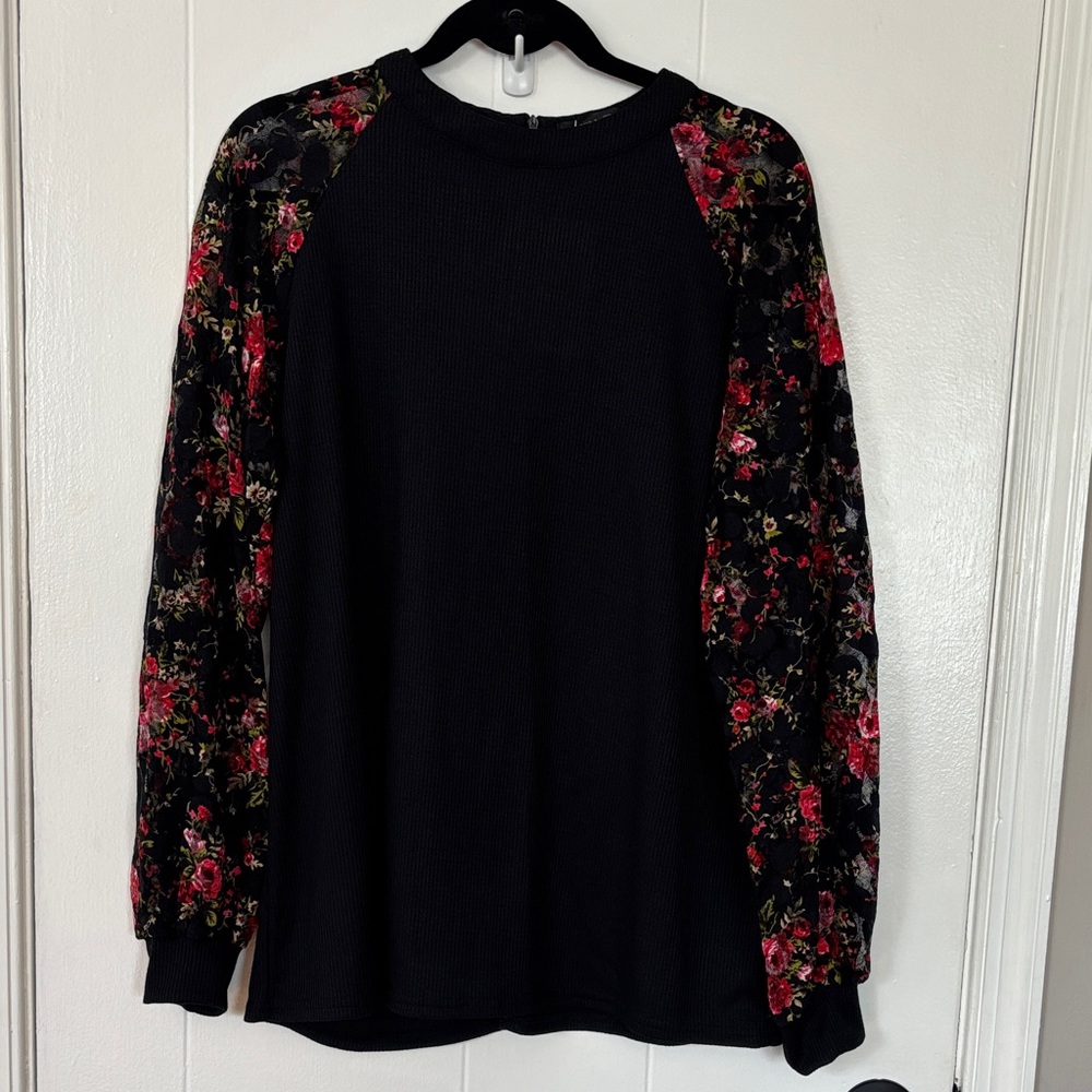MIHOLL Women's Long Sleeve Top Lace Casual Loose
Blouse Floral Sleeve Black - XL